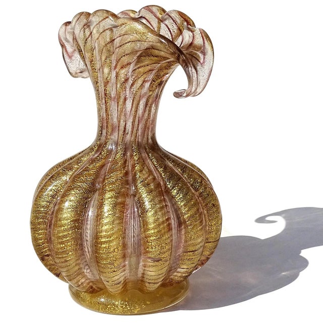 Vintage Murano Barovier Toso Purple Swirl Gold Flecks Italian Art Glass Curled Fan Top Flower Vase For Sale In Orlando - Image 6 of 11