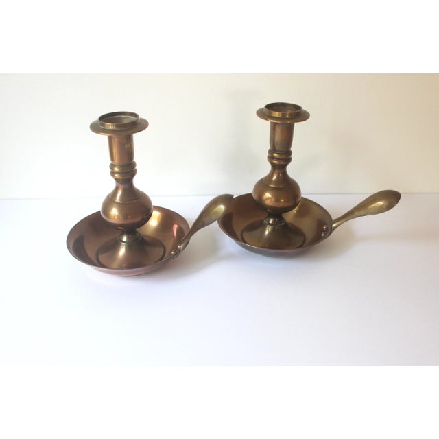 1970s 1970s Vintage Brass Candle Holders Pair of Chamber Sticks Solid Brass and Copper Rivets For Sale - Image 5 of 10