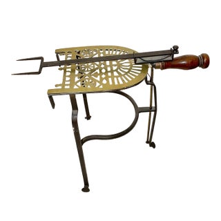 Rare Antique Brass Wood Iron Fireplace Pot Trivet Hearth Stand W Adjustable Fork For Sale