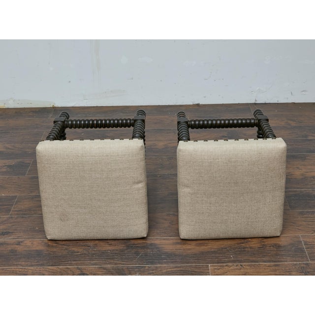 Brown Pair of English 19th Century Ebonized Bobbin Stools with Custom Linen Upholstery For Sale - Image 8 of 9