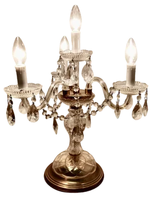French Brass and Crystal Chandelier Table Lamp Girandole, 1920s