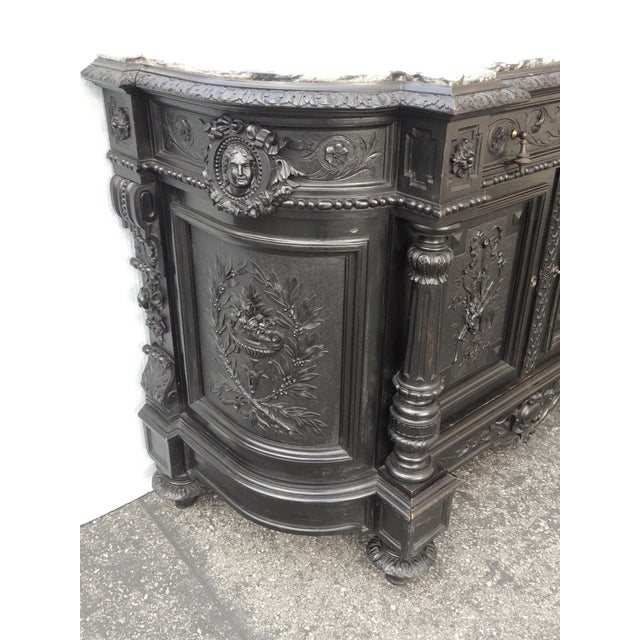 Wood Antique French Renaissance Ebonized Baroque Marble Sideboard Buffet France 2of2 For Sale - Image 7 of 12