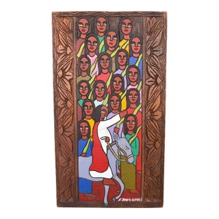 1987 Chilean Hand-Carved & Painted Folk Art Religious Wall Panel Signed F. Andrade For Sale