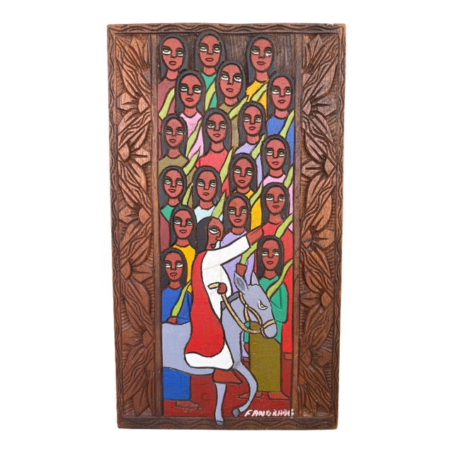 1987 Chilean Hand-Carved & Painted Folk Art Religious Wall Panel Signed F. Andrade For Sale