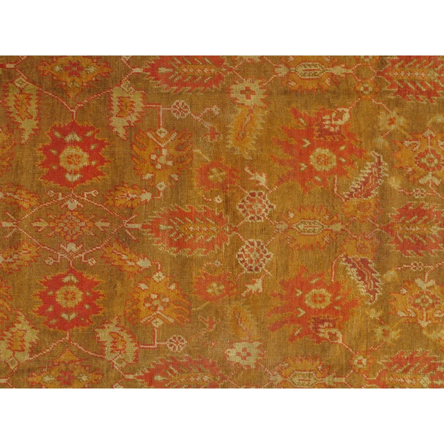 Antique Oushak Carpet, Oriental Rug, Handmade Green, Saffron, Ivory and Coral For Sale - Image 9 of 18