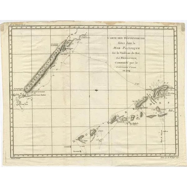 Antique map titled 'Carte des Découvertes faites dans la Mer Pacifique sur la Vaisse au de Roi, La Resolution, Commandé...