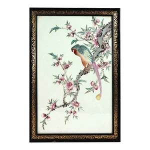 Chinese Porcelain Framed Famille Rose Plaque of Long Tailed Hawk on a Rose Tree Branch