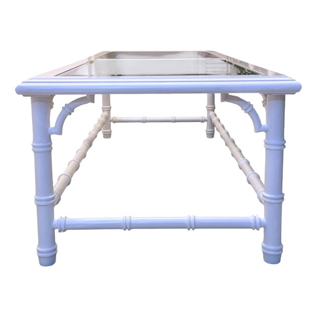 Hollywood Regency Vintage Faux Bamboo Coffee Table – Fresh Lacquer – Super White High Gloss – Glass Top For Sale - Image 3 of 8