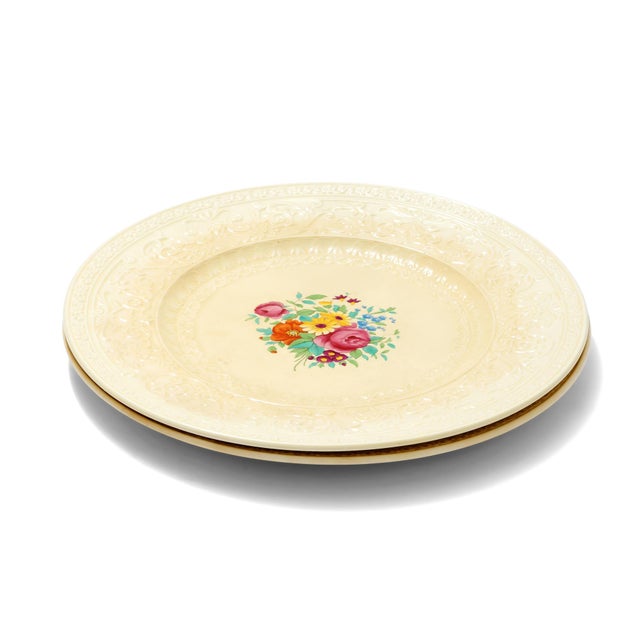 Victorian Royal Cauldon England Est. 1774 Cream Embossed Floral Dinner Plates — Set of 2 For Sale - Image 3 of 6