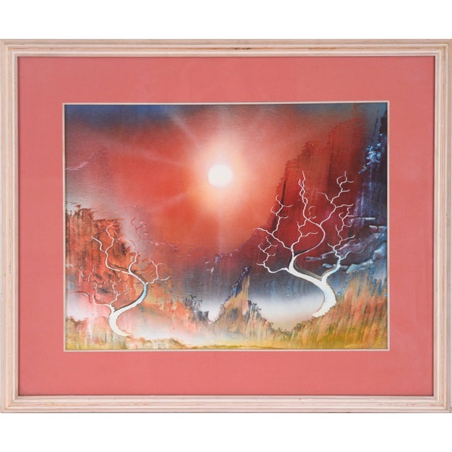 1990s "Twisted Trees Above the Canyon" Surrealist Landscape Acrylic Painting, Framed For Sale - Image 12 of 12