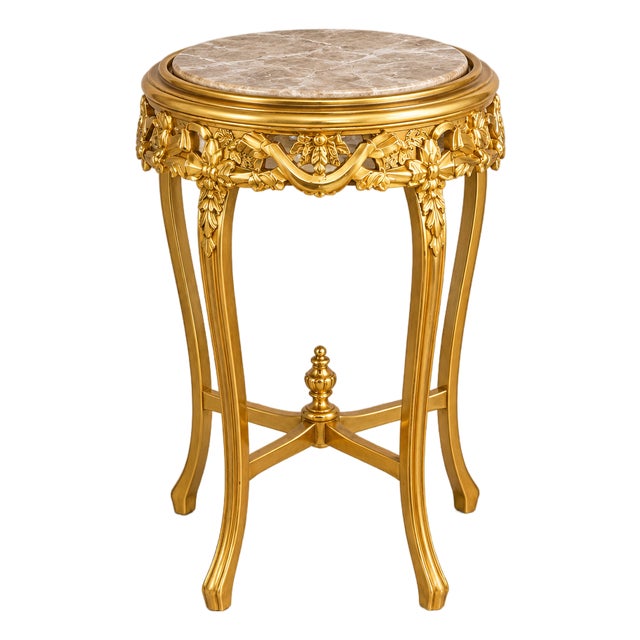 Italian-Style Accent Table – Marble Top With Ornate Gold Accents & Elegant Details For Sale