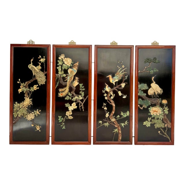 Set of 4 Asian Chinoiserie Hand Carved Soapstone and Lacquer Wall Art Panels For Sale