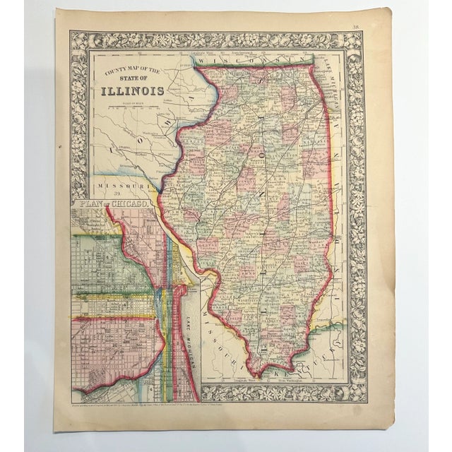 Original Steel Engraving by Samuel Mitchell, 1863. A beautifully detailed 19th-century county map of Illinois, enhanced...