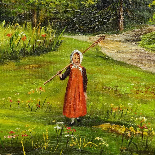 Antique Oil Painting Farm Girl on a Flower Meadow by M. E. Ummenhofer For Sale - Image 4 of 6