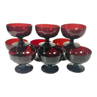 1920s Antique Art Deco Boho Chic Hollywood Regency Ruby Red Champagne Coupes - Set of 9 For Sale