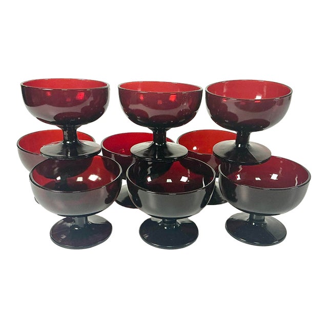 1920s Antique Art Deco Boho Chic Hollywood Regency Ruby Red Champagne Coupes - Set of 9 For Sale