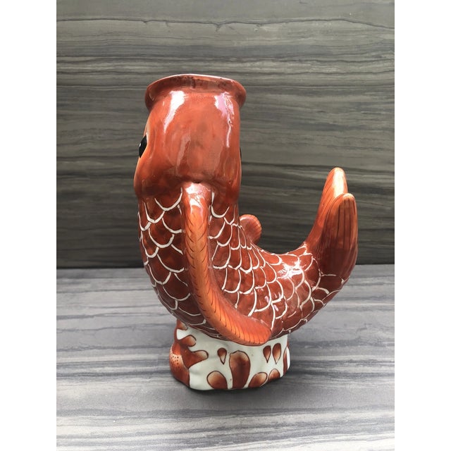 Ceramic Vintage Chinese Porcelain Hand Painted Orange Glaze Koi Fish Vase For Sale - Image 7 of 8