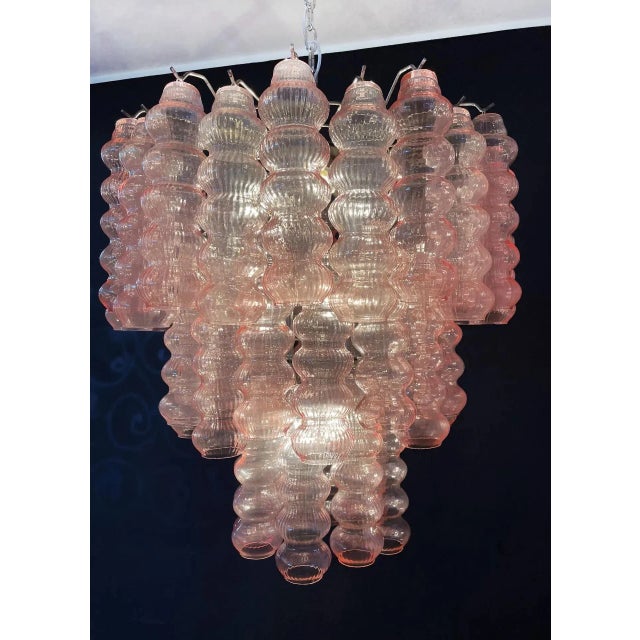 2020s Three-Tier Bubble Murano Style Glass Tube Chandelier – 48 Pink Glasses For Sale - Image 5 of 7