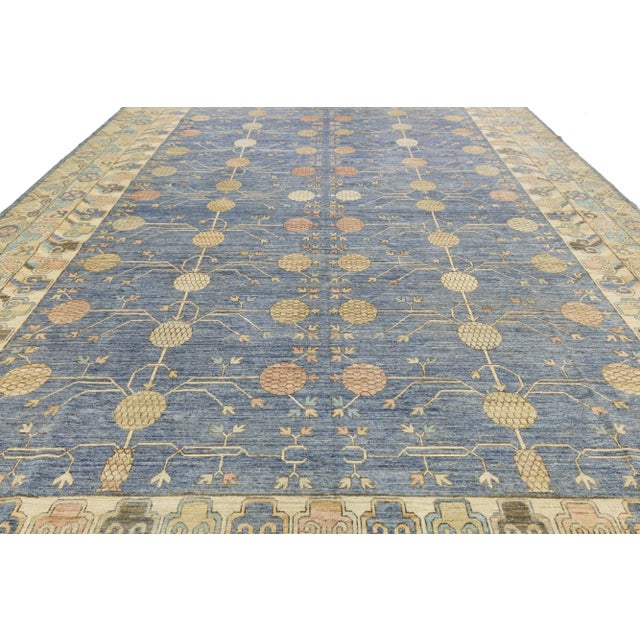 Textile 13 X 19 Blue Modern Khotan Style Handmade Wool Rug With Allover Pattern For Sale - Image 7 of 10