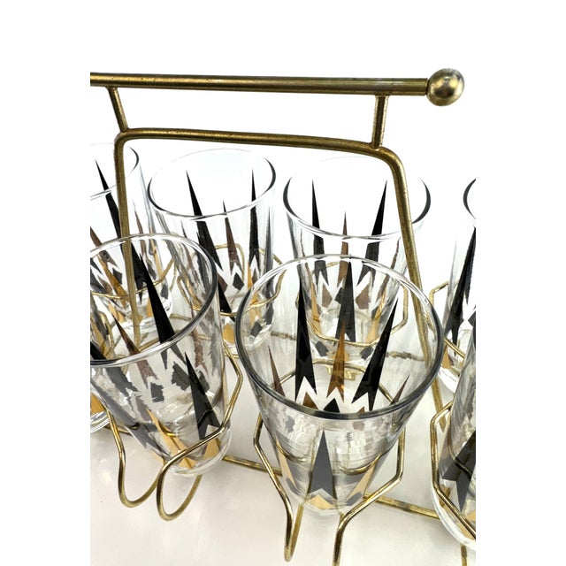 1960s Mid-Century Modern Atomic Black & Gold Highball Glasses With Brass Carrier - Set of 8 For Sale In Little Rock - Image 6 of 12