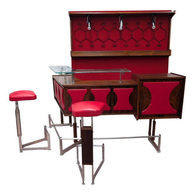 Vintage Space Age Rosewood and Red Lounge Bar, 1970s, Set of 4 For Sale