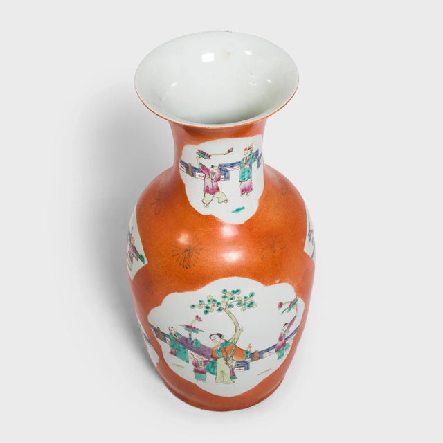 1920s Persimmon Phoenix Tail Vase With Cartouche Paintings For Sale - Image 5 of 7