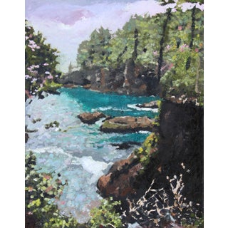 Cape Flattery 1 by Carrie Goller | Oil and Cold Wax on Wood Panel Landscape with water and greenery For Sale