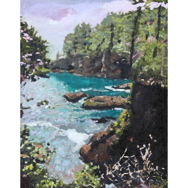 Cape Flattery 1 by Carrie Goller | Oil and Cold Wax on Wood Panel Landscape with water and greenery For Sale