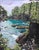 Cape Flattery 1 by Carrie Goller | Oil and Cold Wax on Wood Panel Landscape with water and greenery For Sale