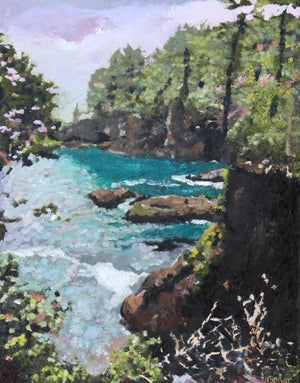 Cape Flattery 1 by Carrie Goller | Oil and Cold Wax on Wood Panel Landscape with water and greenery