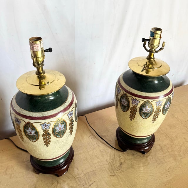 Late 20th Century Vintage Green Gold and Cream Hand Painted Table Lamps - A Pair For Sale - Image 5 of 7