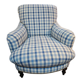 Edward Ferrell Blue and White Check Linen Club Chair With Nailhead Trim For Sale