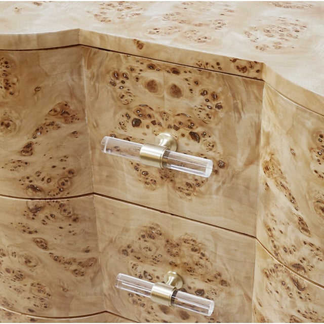 Not Yet Made - Made To Order Matthew Izzo Home Calvin Light Burlwood Three Drawer Side Table With Acrylic and Brass Handles For Sale - Image 5 of 7