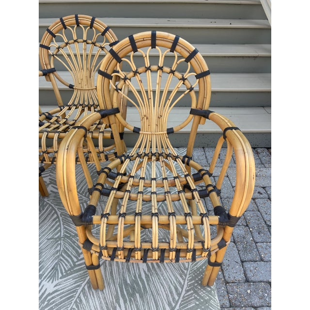 Set of 4 Beautiful Coastal Rattan Arm Chairs With Leather Accent For Sale In Mobile - Image 6 of 11