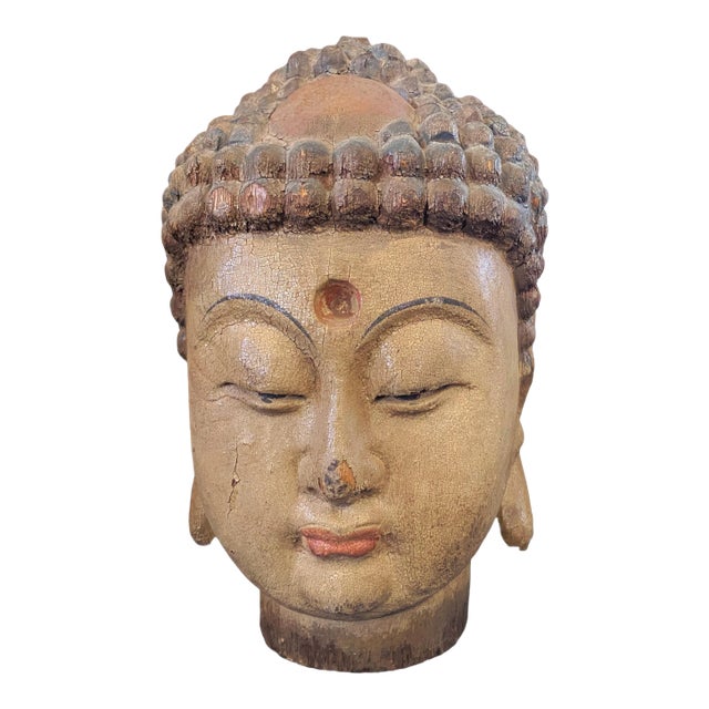 Vintage Asian Hand Carved Wood Buddha Head For Sale