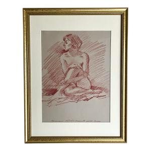 Vintage Drawing of a Seated Nude Female Model by Casly