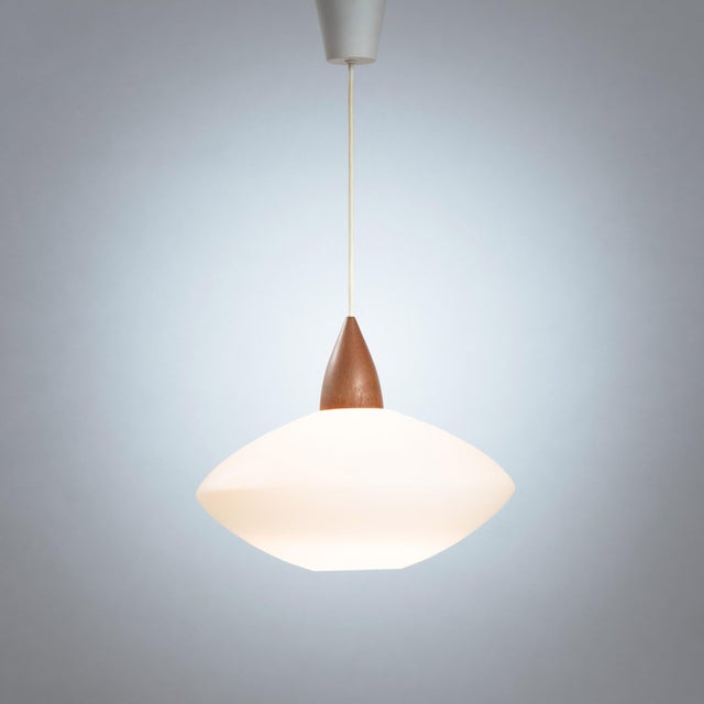 White Opaline Teak Pendant Light by Uno & Östen Kristiansson for Luxus, Sweden, 1950s For Sale - Image 7 of 7