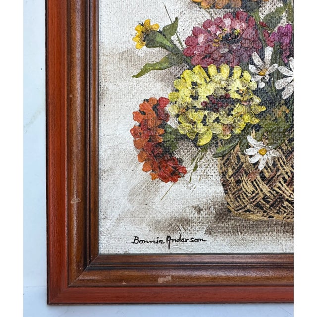 Farmhouse 1960s Oil on Canvas Board Basket of Flowers Still Life Painting Bonnie Anderson Signed Framed For Sale - Image 3 of 12