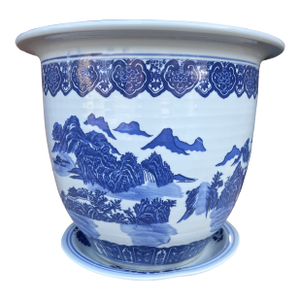 Vintage Chinese Blue and White Porcelain Jardiniere With Underliner