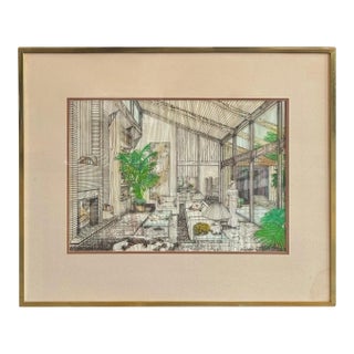 1976 Dave Badger Contemporary Interior Architectural Rendering on Mylar Over Vellum For Sale