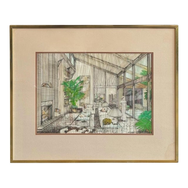 1976 Dave Badger Contemporary Interior Architectural Rendering on Mylar Over Vellum For Sale