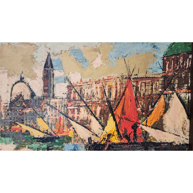 1950s Large Mid-Century Venetian Canal Scene With Gold Leaf, Signed L. Lefevre For Sale - Image 5 of 7
