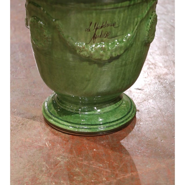 Ceramic Pair of French Handmade Green Glazed Terracotta Anduze Planters by La Madeleine For Sale - Image 7 of 9