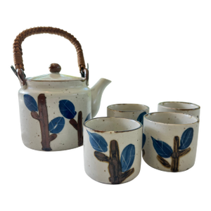 Mid 20th Century Rattan Handle Otagiri Japanese Teapot and Cups Set of 4