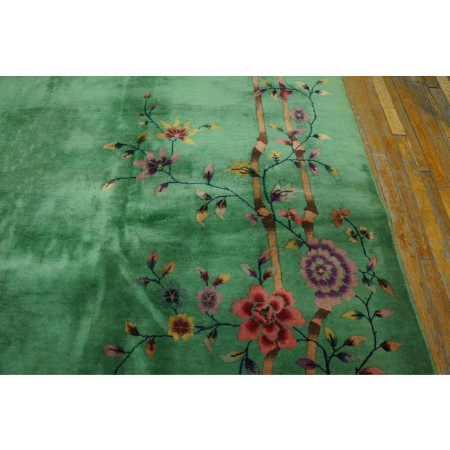 Textile Outstanding Jade-Green Background Color With Details of Purple Flowers Vases in a Floral Design Chinese Art Deco Rug For Sale - Image 7 of 15