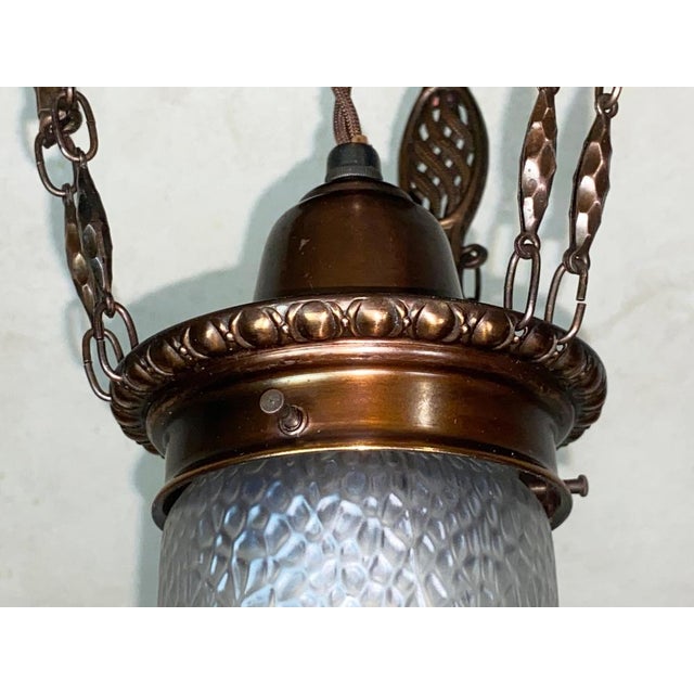 Art Nouveau Brass Chandelier with Iridescent Martelé Glass from Loetz, 1910s For Sale - Image 3 of 10
