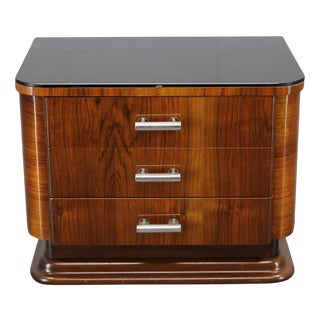 Art Deco Walnut Nightstand with Black Opaxite Glass, Czechoslovakia, 1930s For Sale