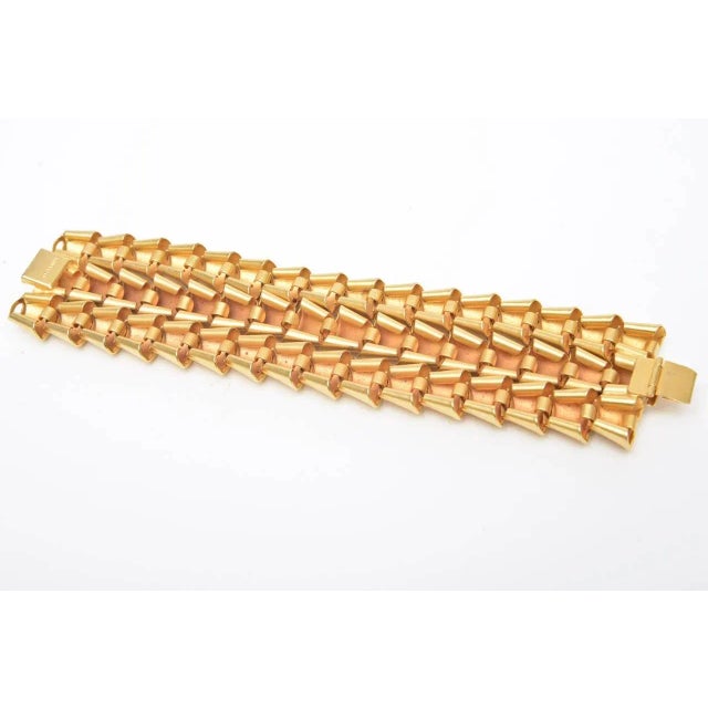 Metal Vintage Signed Marcy Feld Gold Plated 3 Row Cuff Bracelet 80's For Sale - Image 7 of 10