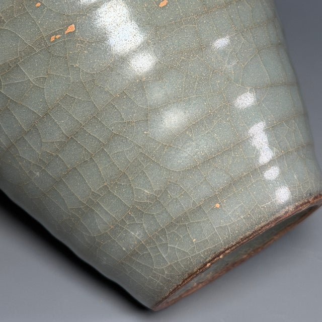 Ceramic Antique Chinese Celadon Crackle‑Glaze Ribbed Meiping Vase, Collectible Antique For Sale - Image 7 of 9