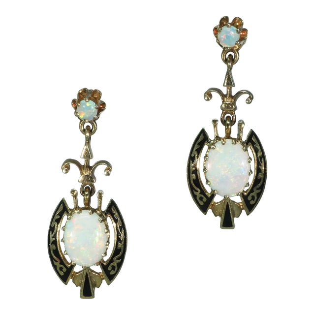 Victorian 14k Gold Opal Black Enamel Earrings - 2 Pieces For Sale